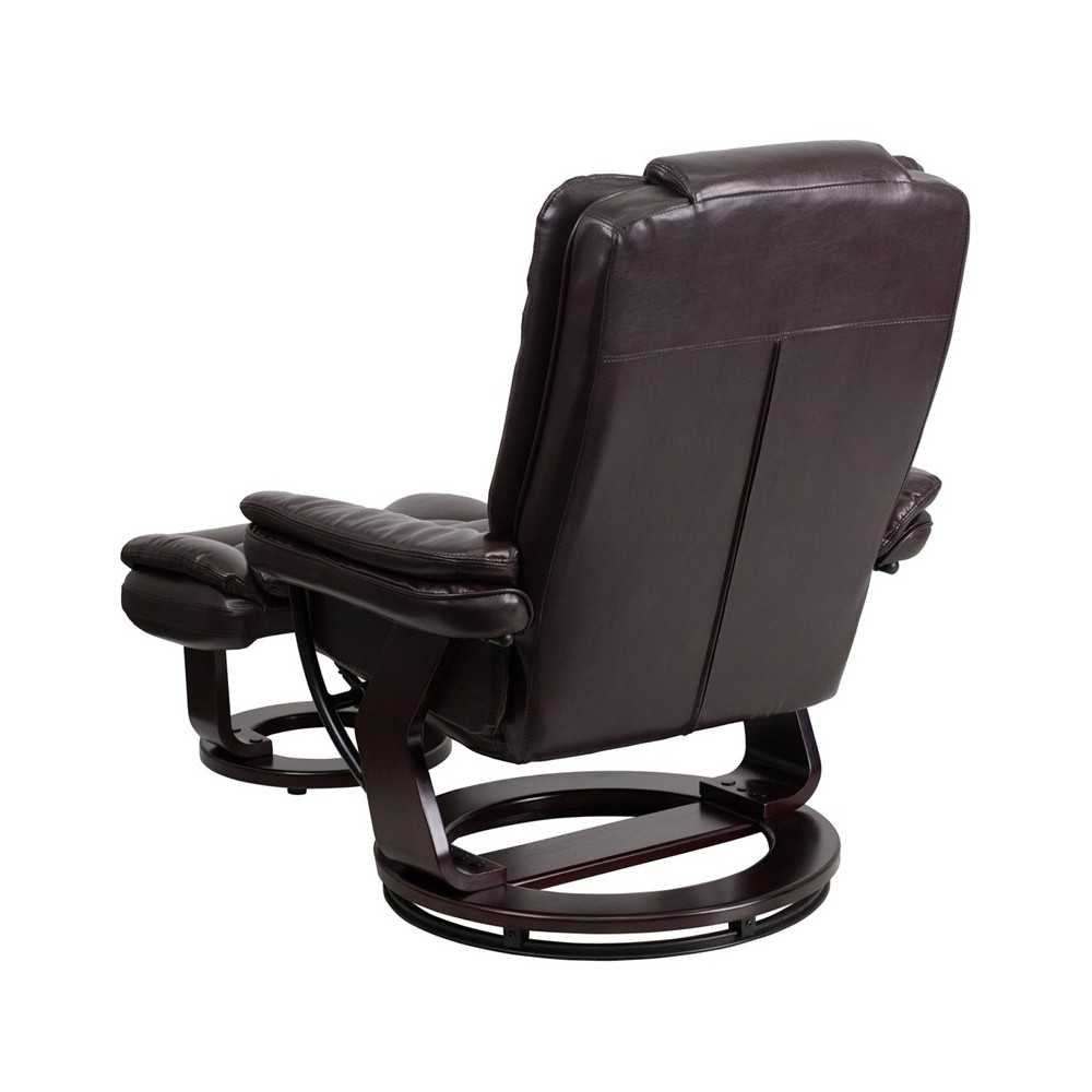 Contemporary Multi-Position Recliner with Horizontal Stitching and Ottoman with Swivel Mahogany Wood Base in Brown LeatherSoft