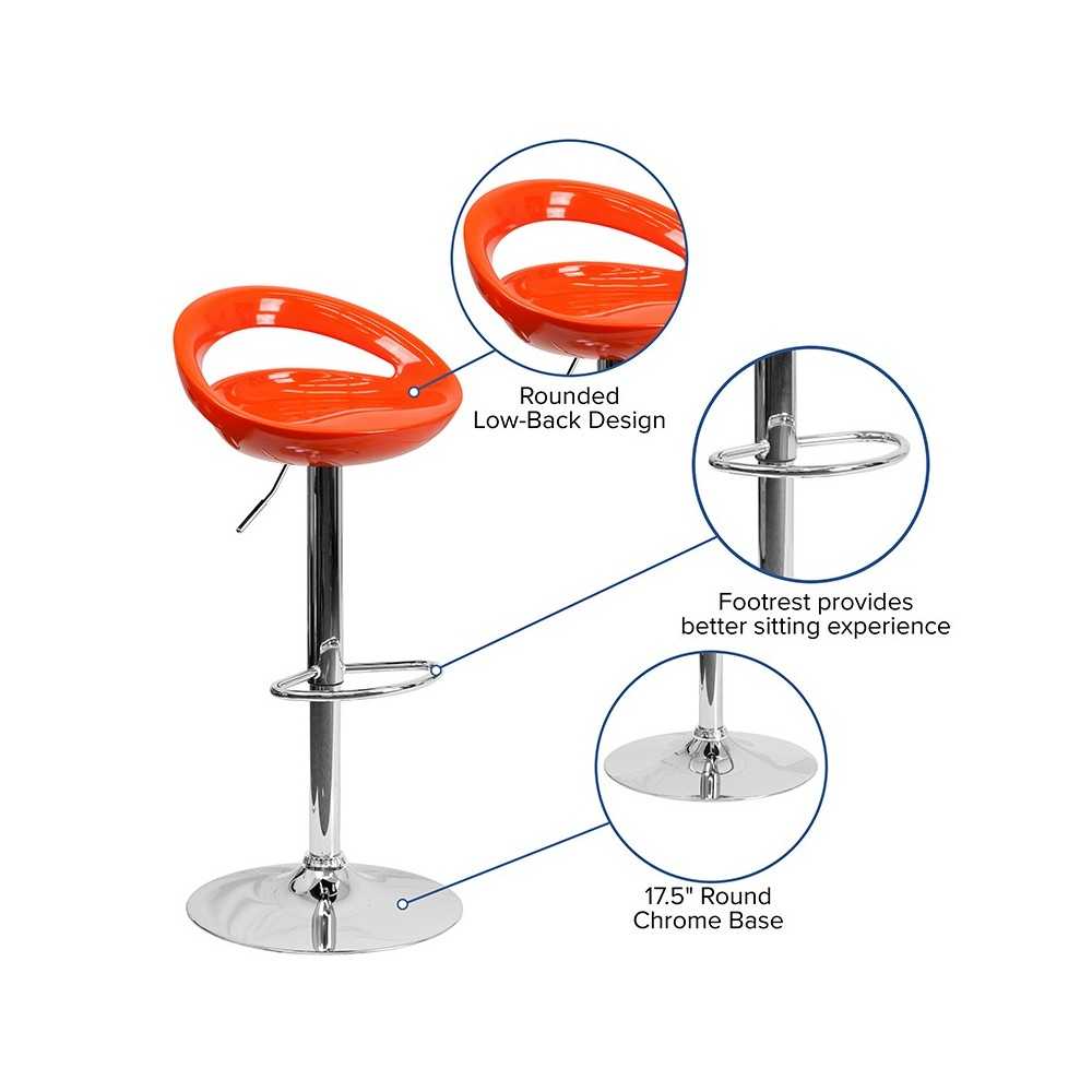 Contemporary Orange Plastic Adjustable Height Barstool with Rounded Cutout Back and Chrome Base