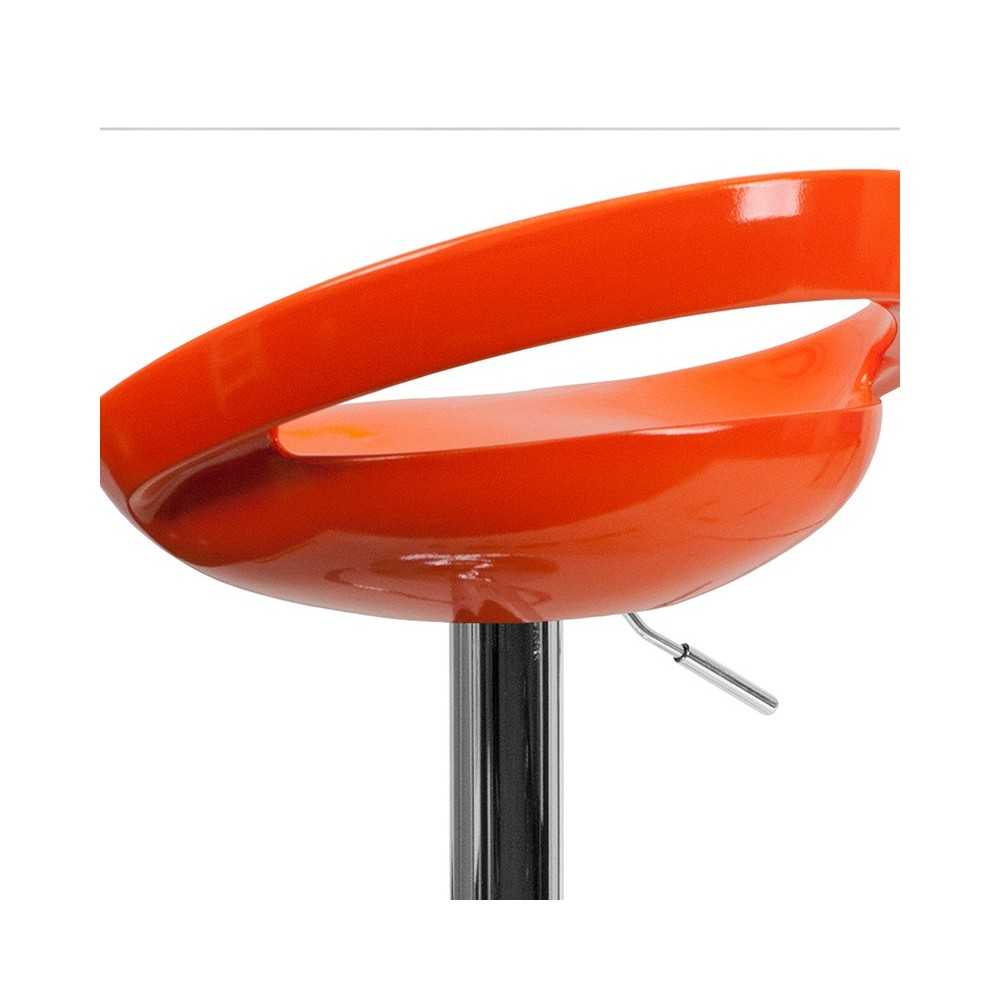 Contemporary Orange Plastic Adjustable Height Barstool with Rounded Cutout Back and Chrome Base