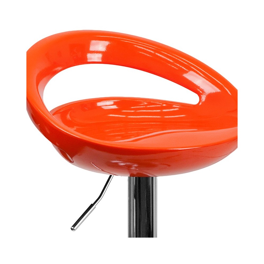 Contemporary Orange Plastic Adjustable Height Barstool with Rounded Cutout Back and Chrome Base