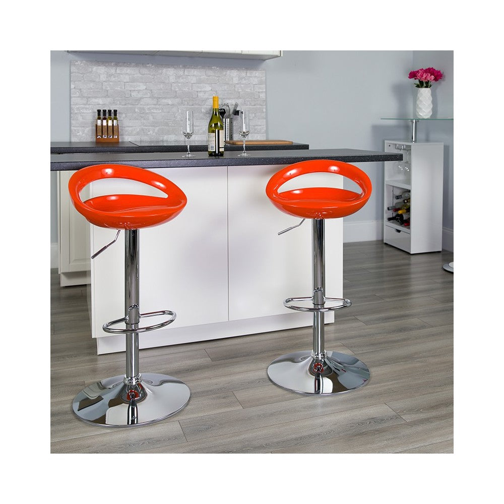 Contemporary Orange Plastic Adjustable Height Barstool with Rounded Cutout Back and Chrome Base