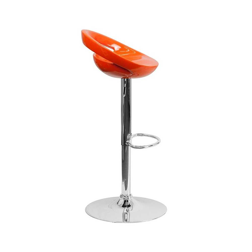 Contemporary Orange Plastic Adjustable Height Barstool with Rounded Cutout Back and Chrome Base