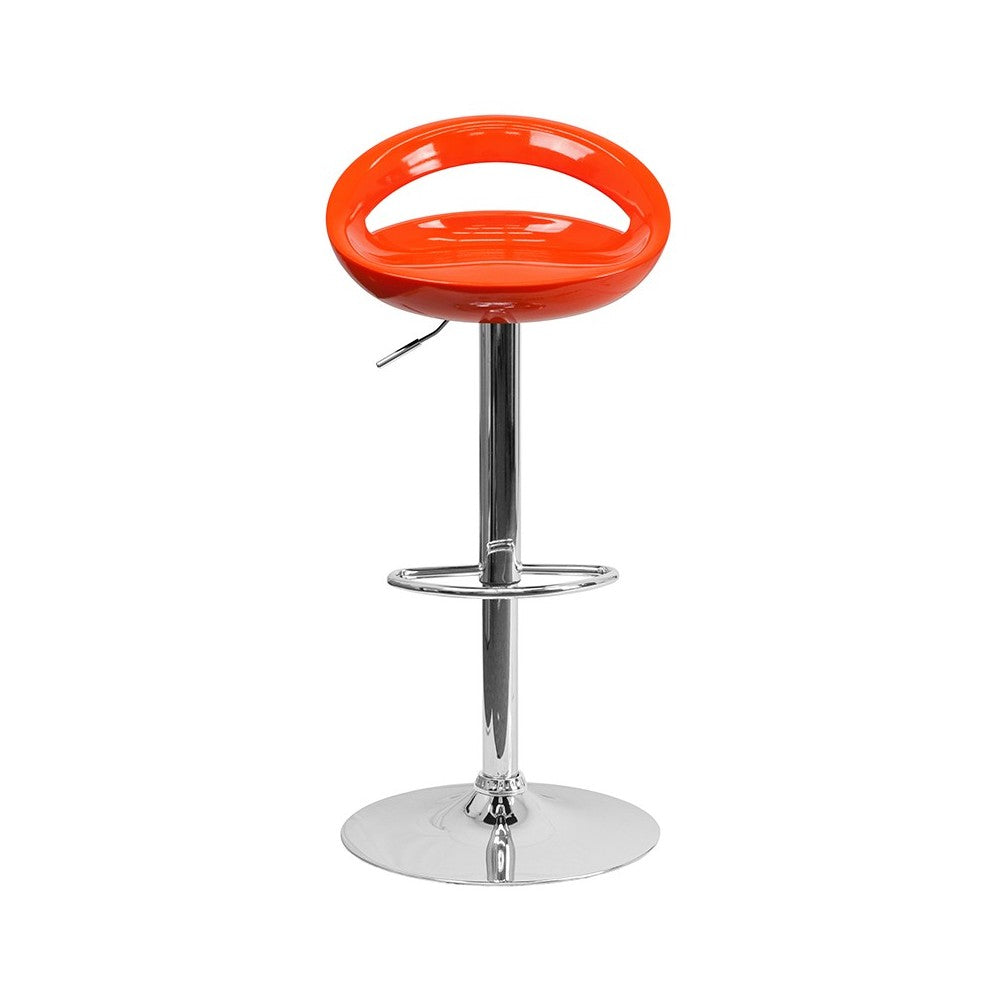 Contemporary Orange Plastic Adjustable Height Barstool with Rounded Cutout Back and Chrome Base