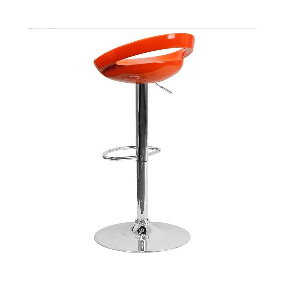 Contemporary Orange Plastic Adjustable Height Barstool with Rounded Cutout Back and Chrome Base