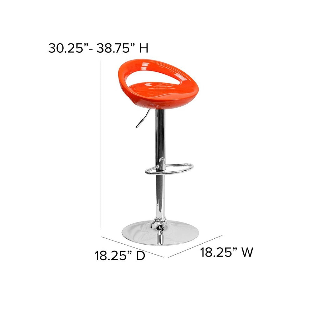 Contemporary Orange Plastic Adjustable Height Barstool with Rounded Cutout Back and Chrome Base