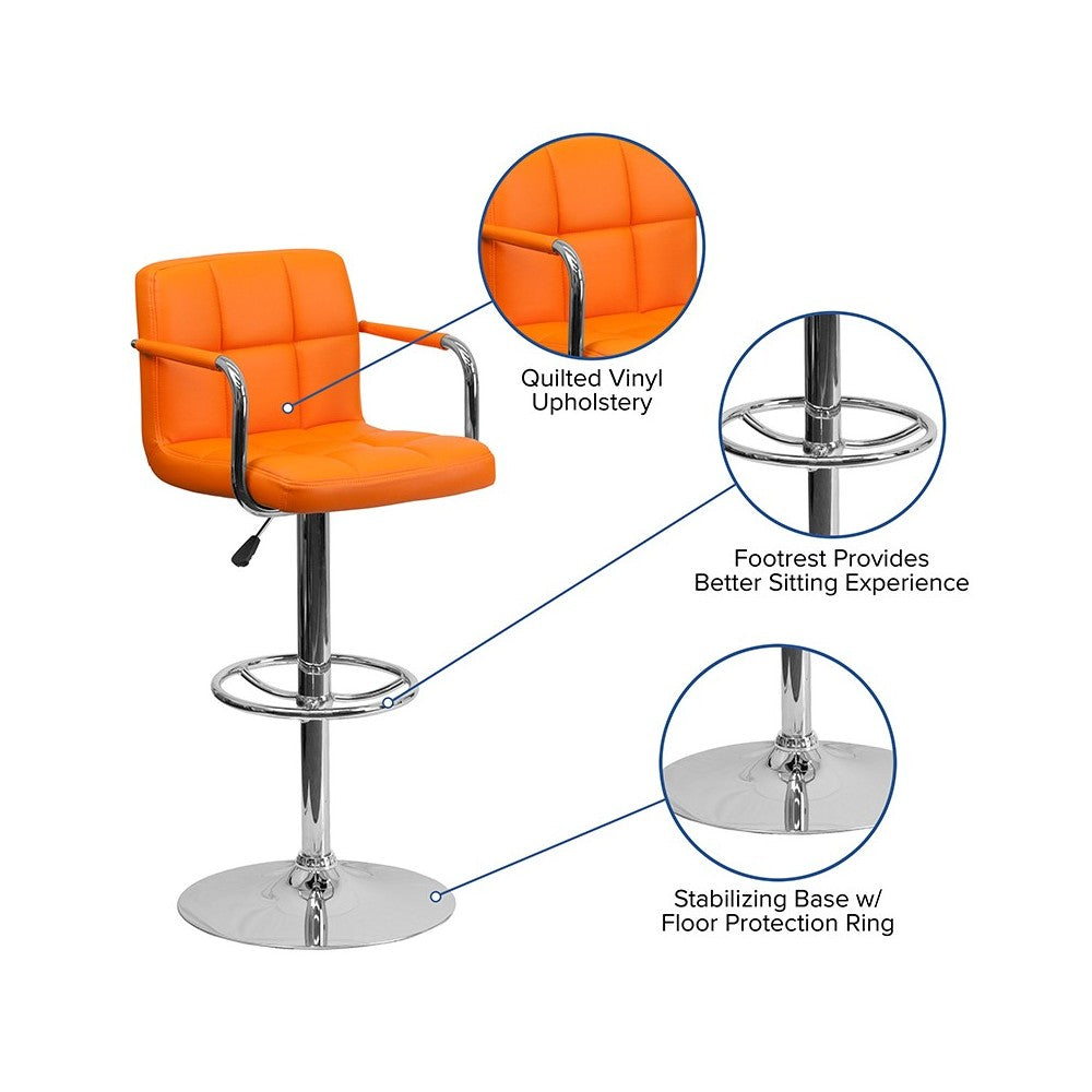 Contemporary Orange Quilted Vinyl Adjustable Height Barstool with Arms and Chrome Base
