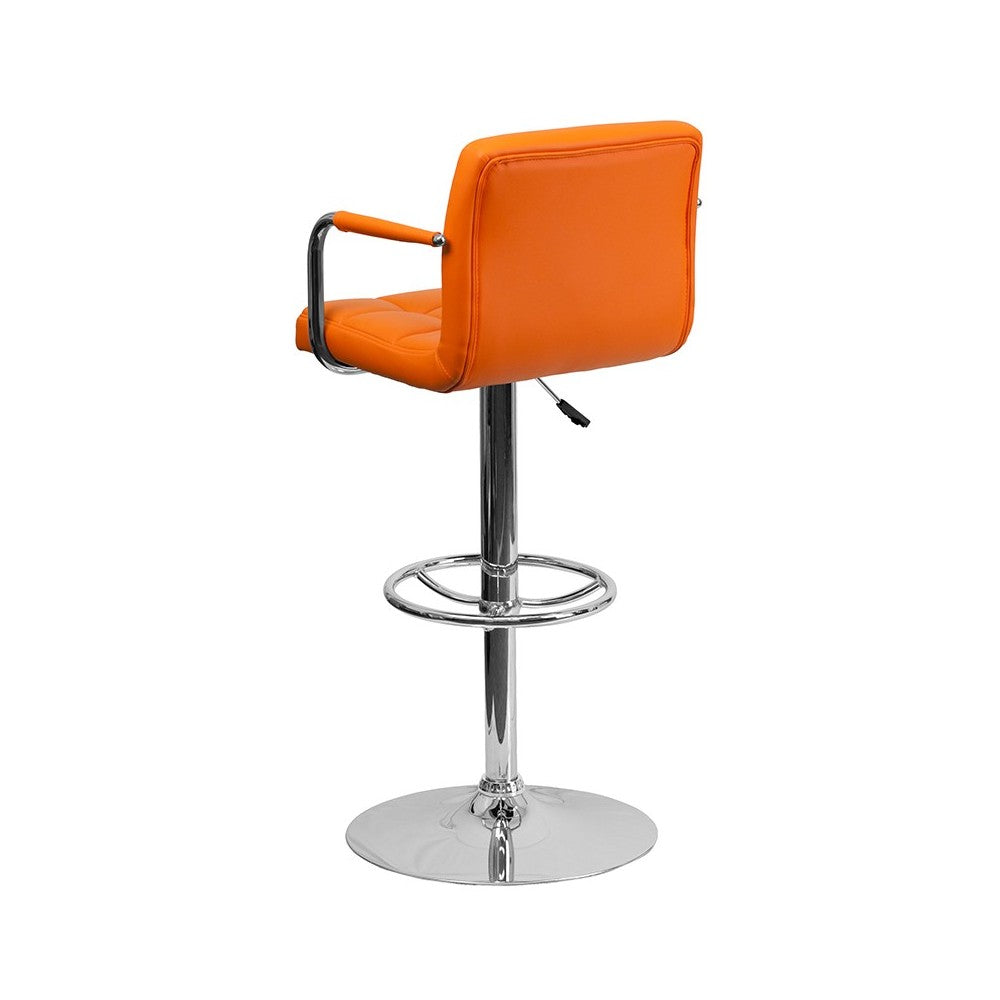 Contemporary Orange Quilted Vinyl Adjustable Height Barstool with Arms and Chrome Base