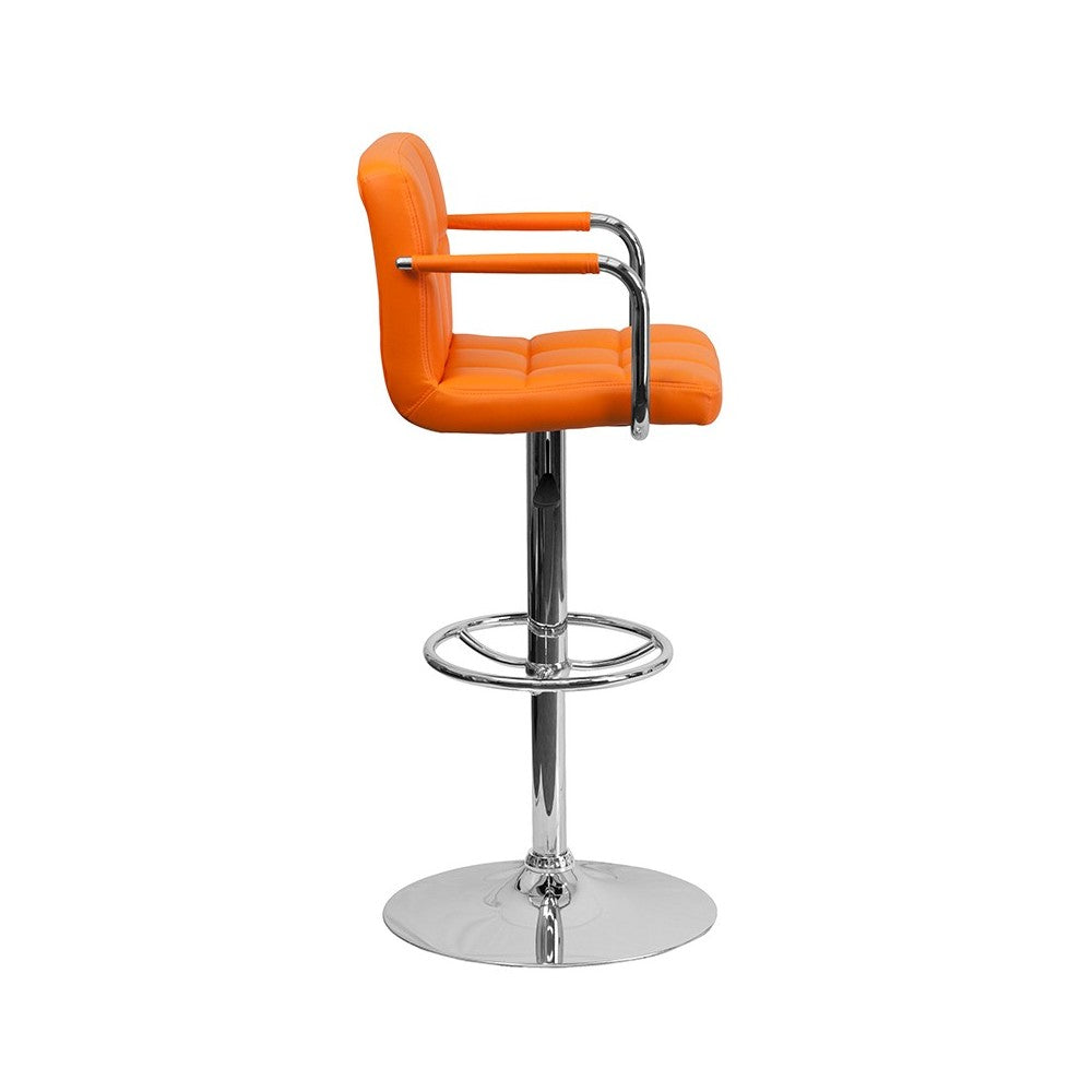 Contemporary Orange Quilted Vinyl Adjustable Height Barstool with Arms and Chrome Base