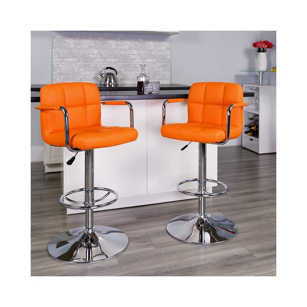 Contemporary Orange Quilted Vinyl Adjustable Height Barstool with Arms and Chrome Base
