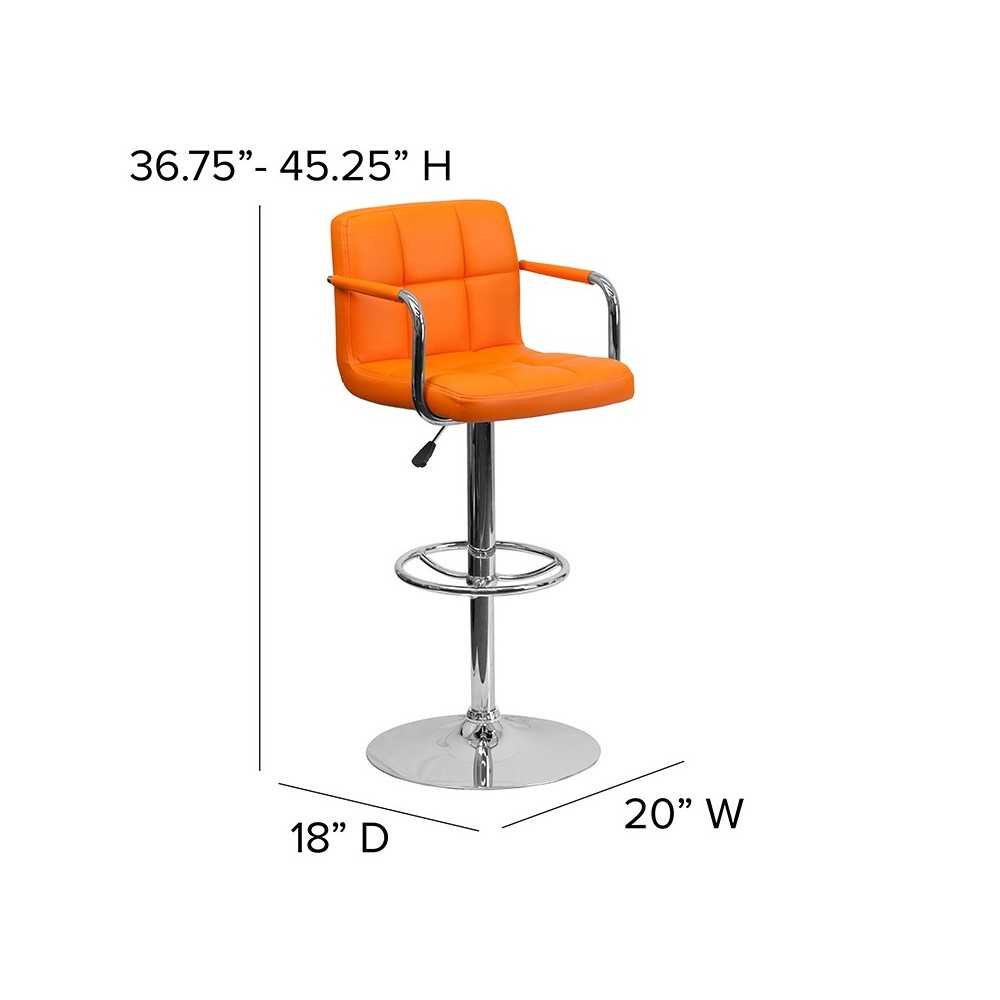 Contemporary Orange Quilted Vinyl Adjustable Height Barstool with Arms and Chrome Base