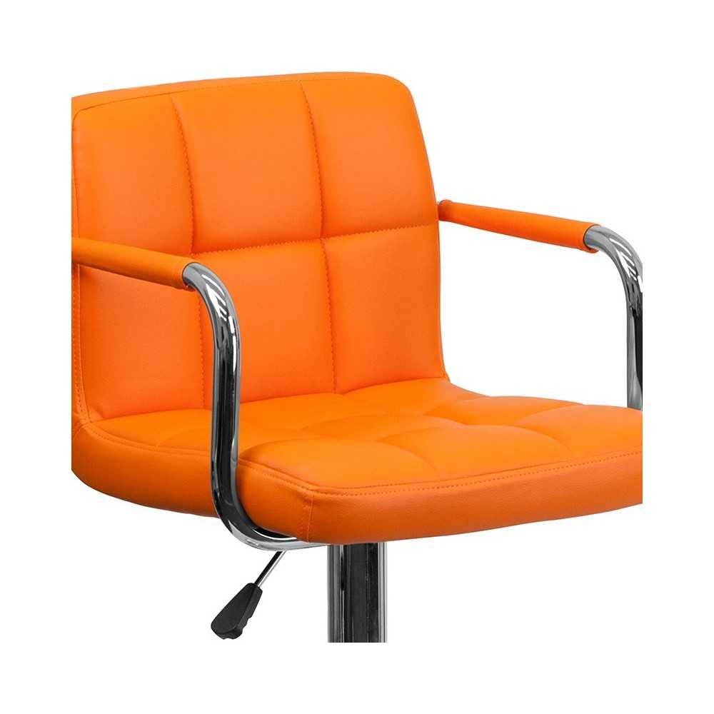 Contemporary Orange Quilted Vinyl Adjustable Height Barstool with Arms and Chrome Base