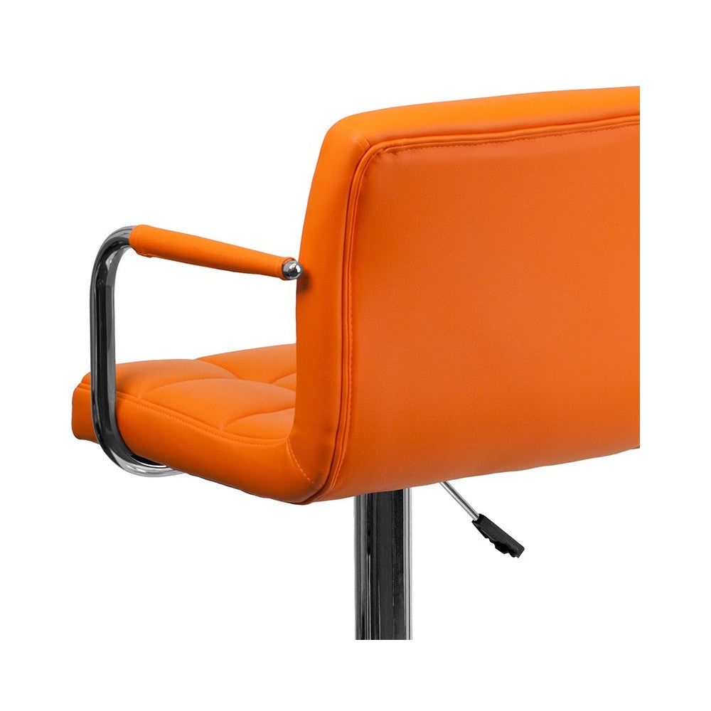 Contemporary Orange Quilted Vinyl Adjustable Height Barstool with Arms and Chrome Base