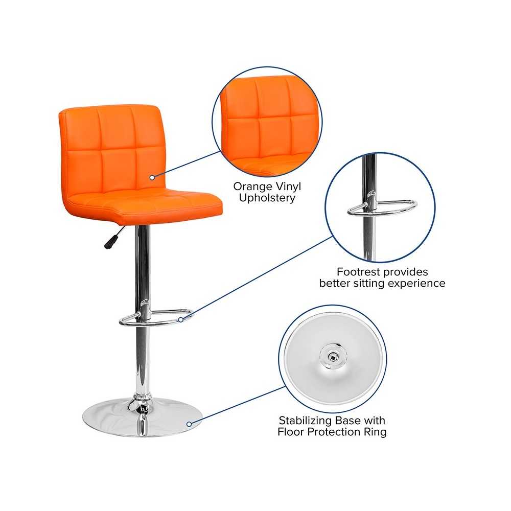 Contemporary Orange Quilted Vinyl Adjustable Height Barstool with Chrome Base