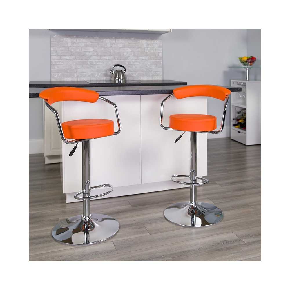 Contemporary Orange Vinyl Adjustable Height Barstool with Arms and Chrome Base
