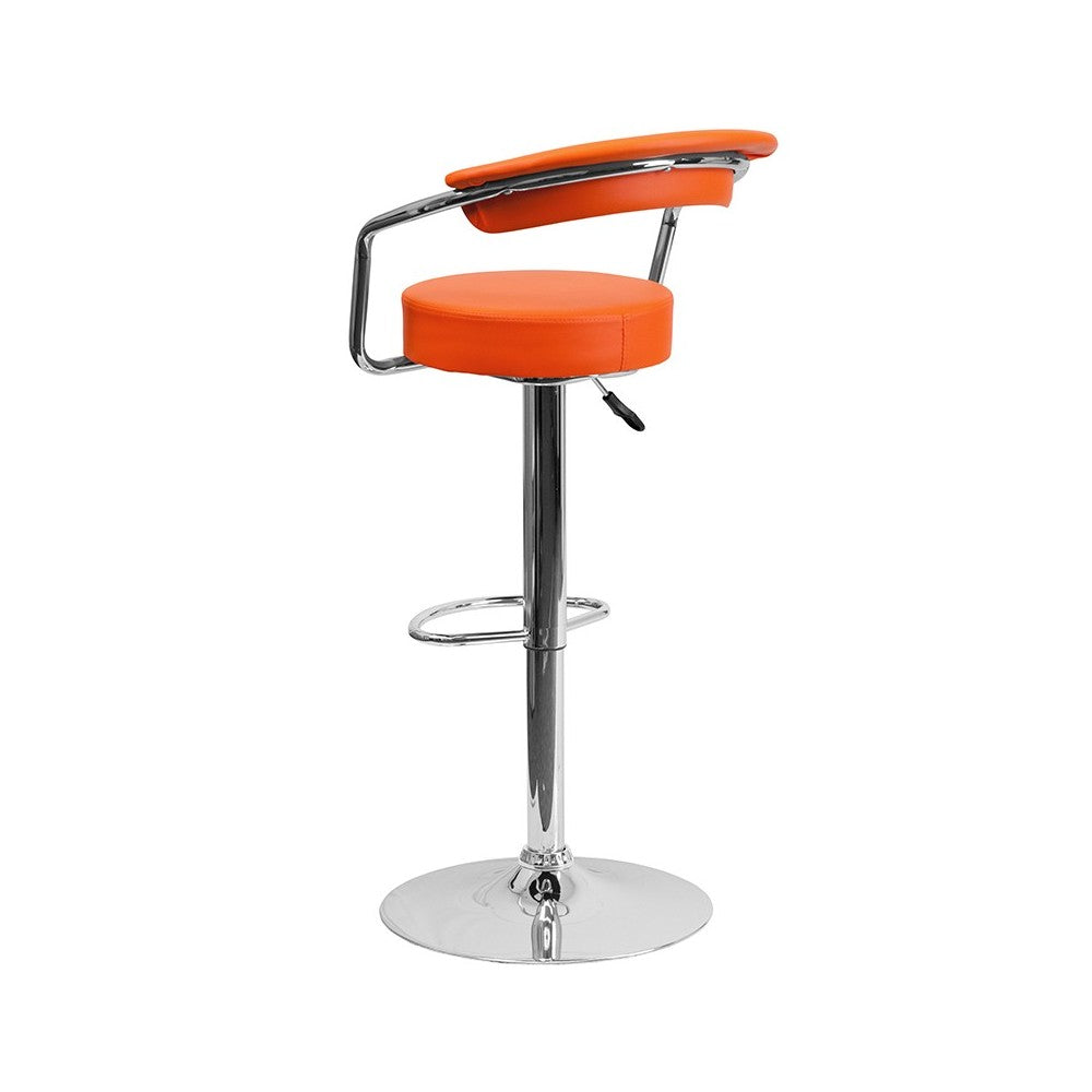 Contemporary Orange Vinyl Adjustable Height Barstool with Arms and Chrome Base