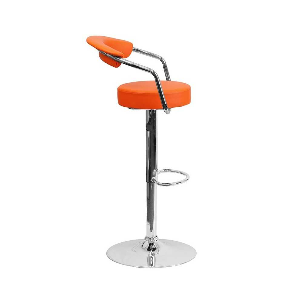 Contemporary Orange Vinyl Adjustable Height Barstool with Arms and Chrome Base