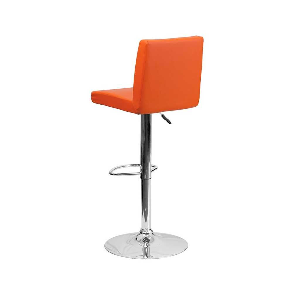 Contemporary Orange Vinyl Adjustable Height Barstool with Panel Back and Chrome Base