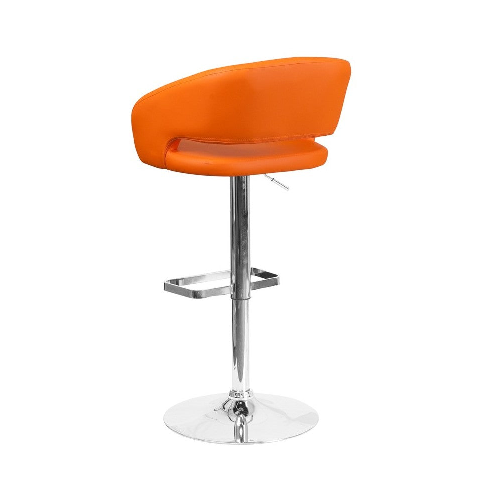 Contemporary Orange Vinyl Adjustable Height Barstool with Rounded Mid-Back and Chrome Base