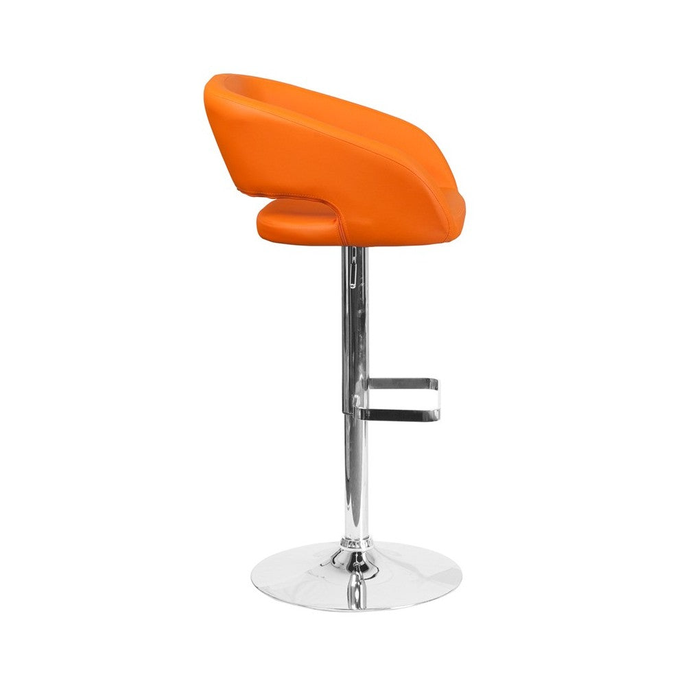 Contemporary Orange Vinyl Adjustable Height Barstool with Rounded Mid-Back and Chrome Base