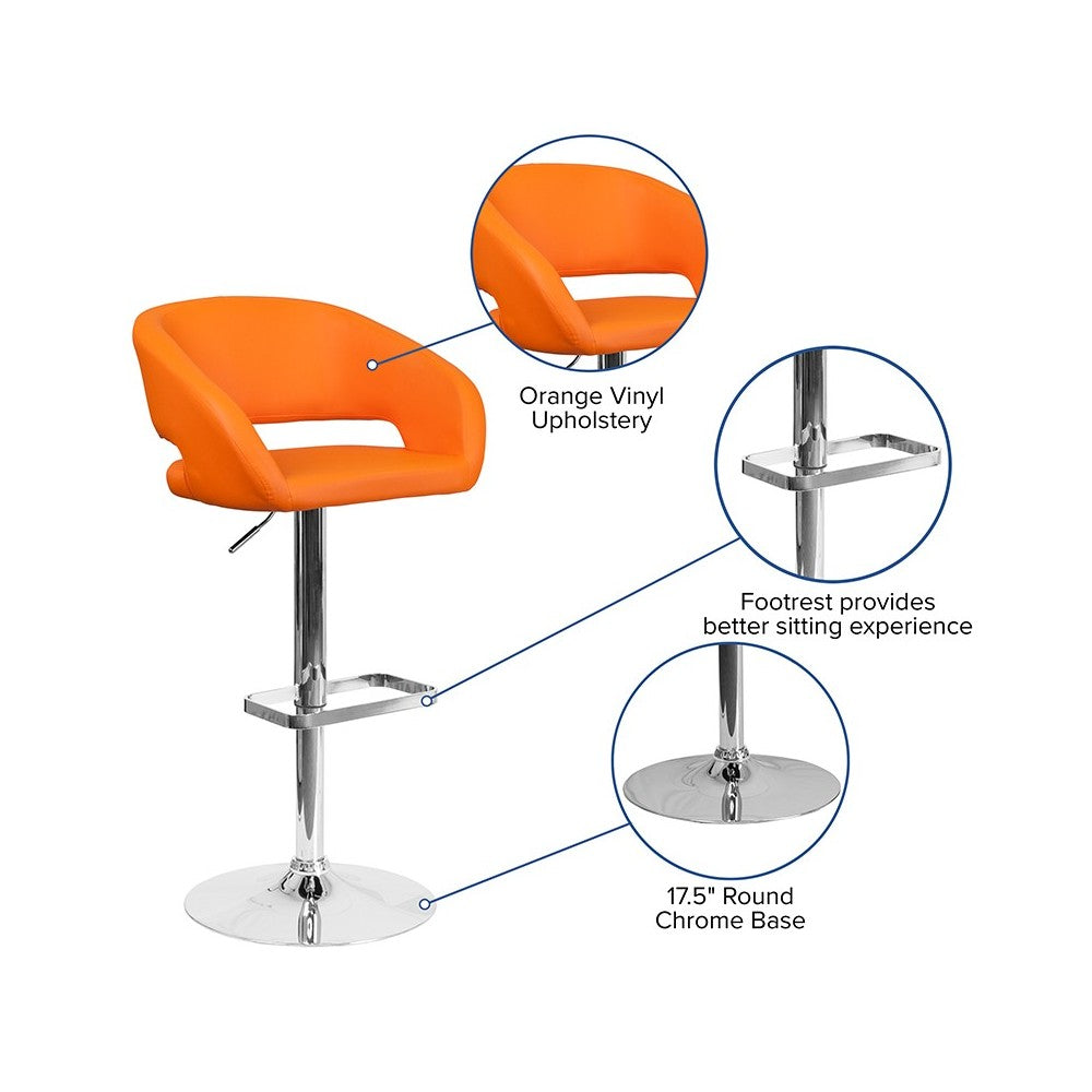 Contemporary Orange Vinyl Adjustable Height Barstool with Rounded Mid-Back and Chrome Base