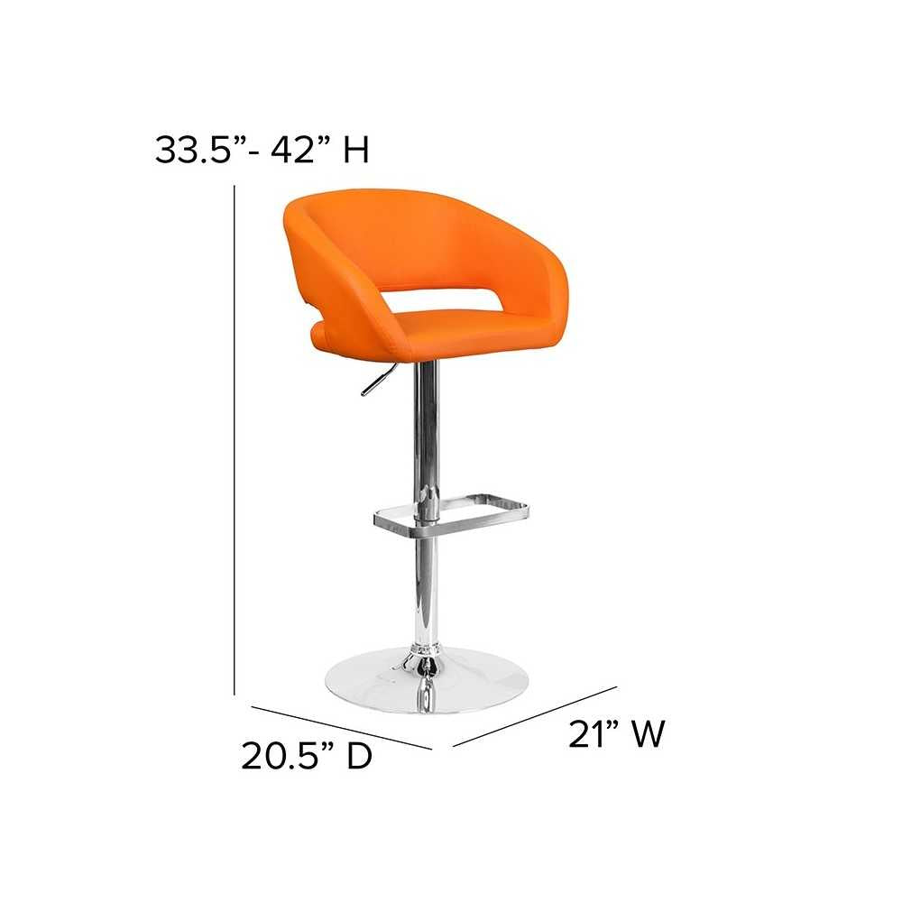 Contemporary Orange Vinyl Adjustable Height Barstool with Rounded Mid-Back and Chrome Base