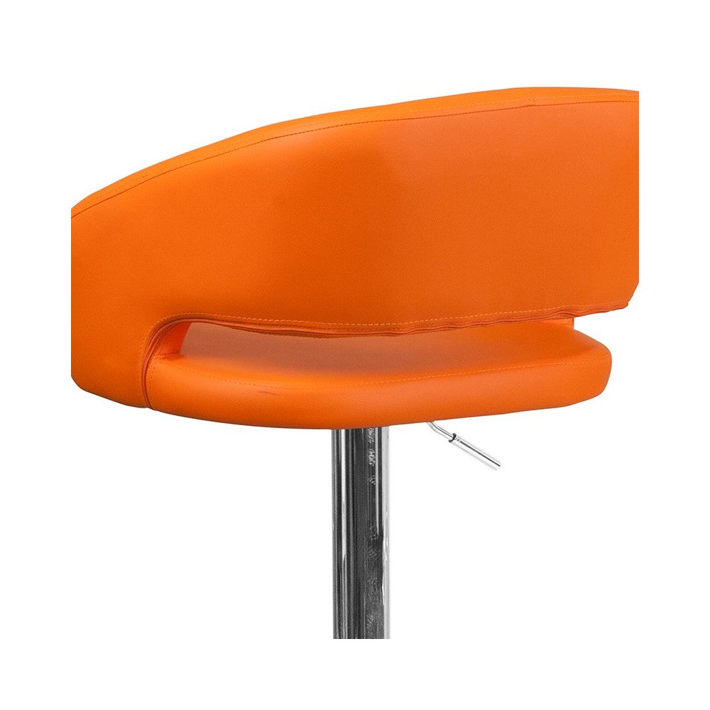 Contemporary Orange Vinyl Adjustable Height Barstool with Rounded Mid-Back and Chrome Base