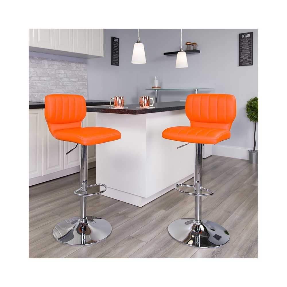 Contemporary Orange Vinyl Adjustable Height Barstool with Vertical Stitch Back and Chrome Base