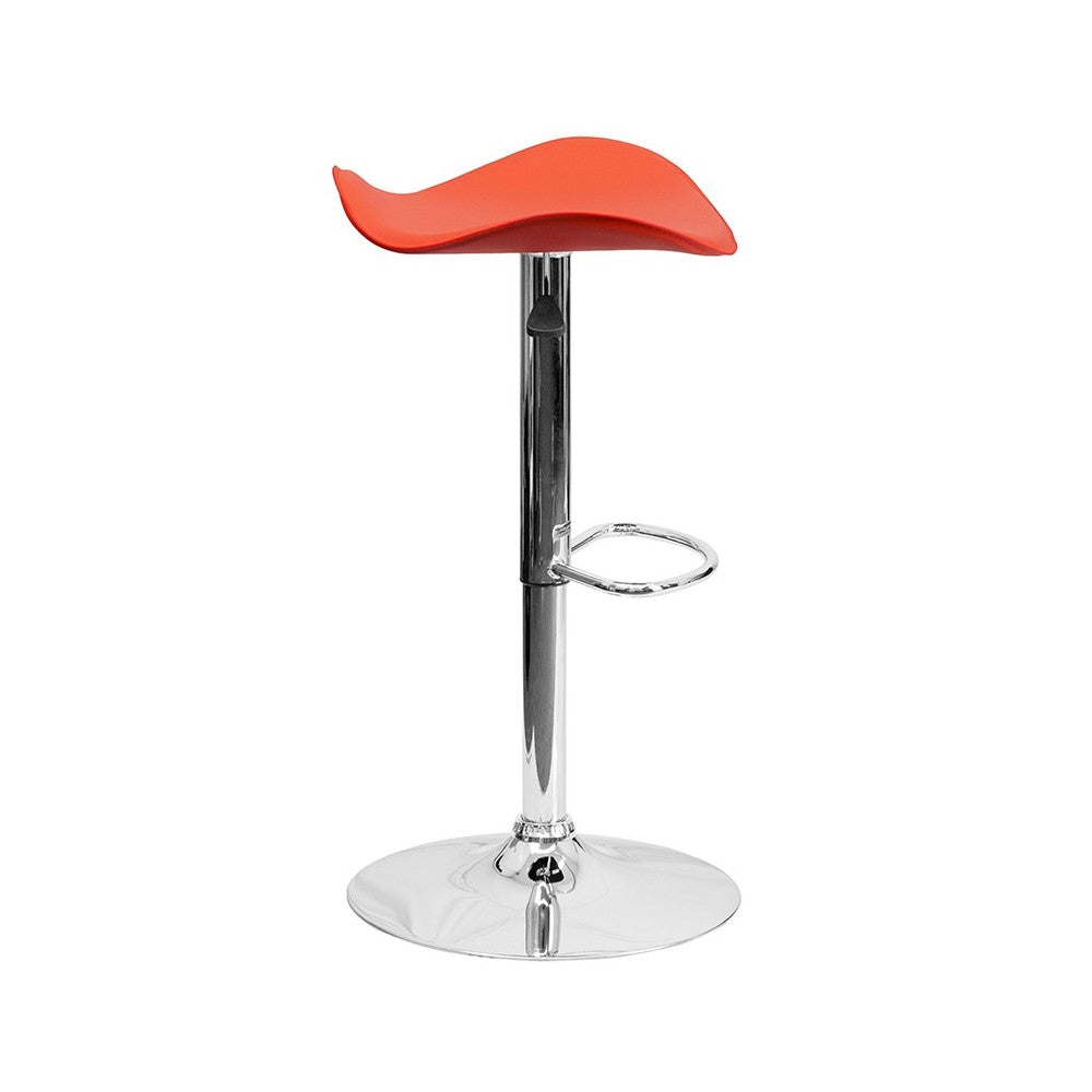 Contemporary Orange Vinyl Adjustable Height Barstool with Wavy Seat and Chrome Base