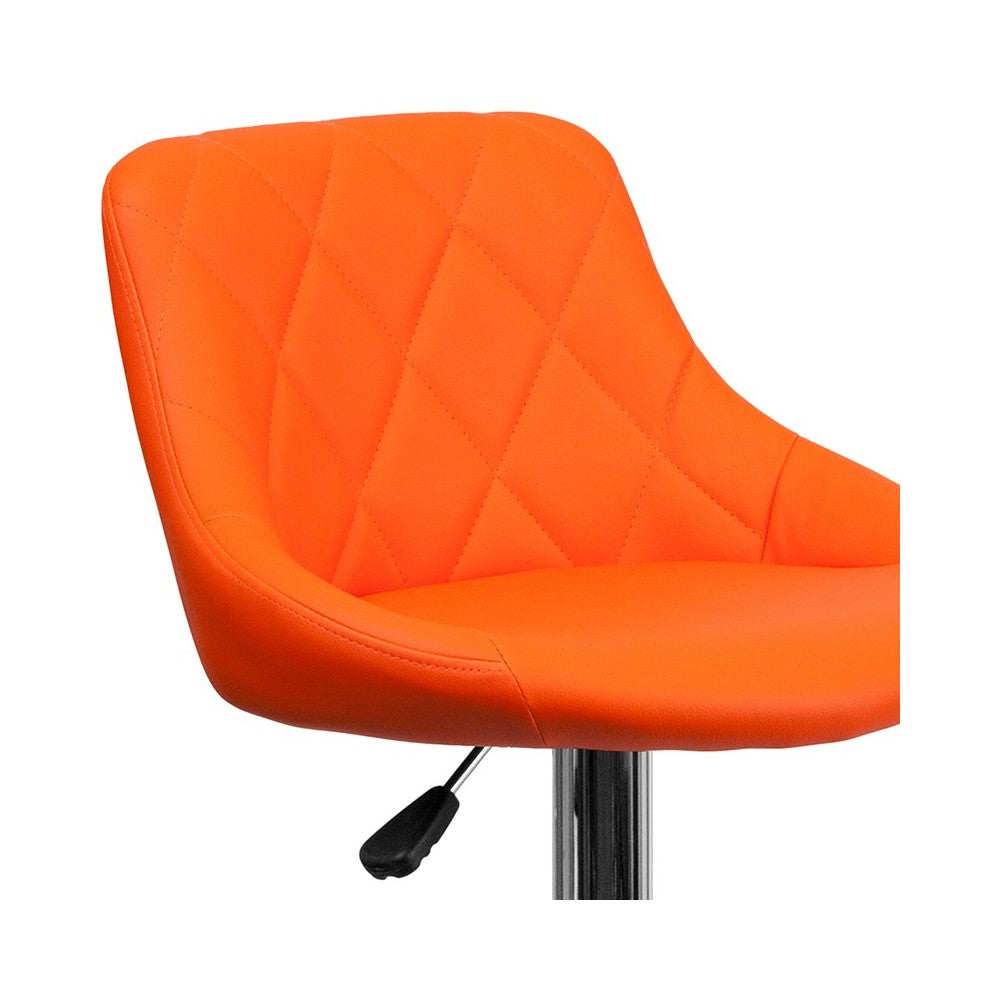 Contemporary Orange Vinyl Bucket Seat Adjustable Height Barstool with Diamond Pattern Back and Chrome Base