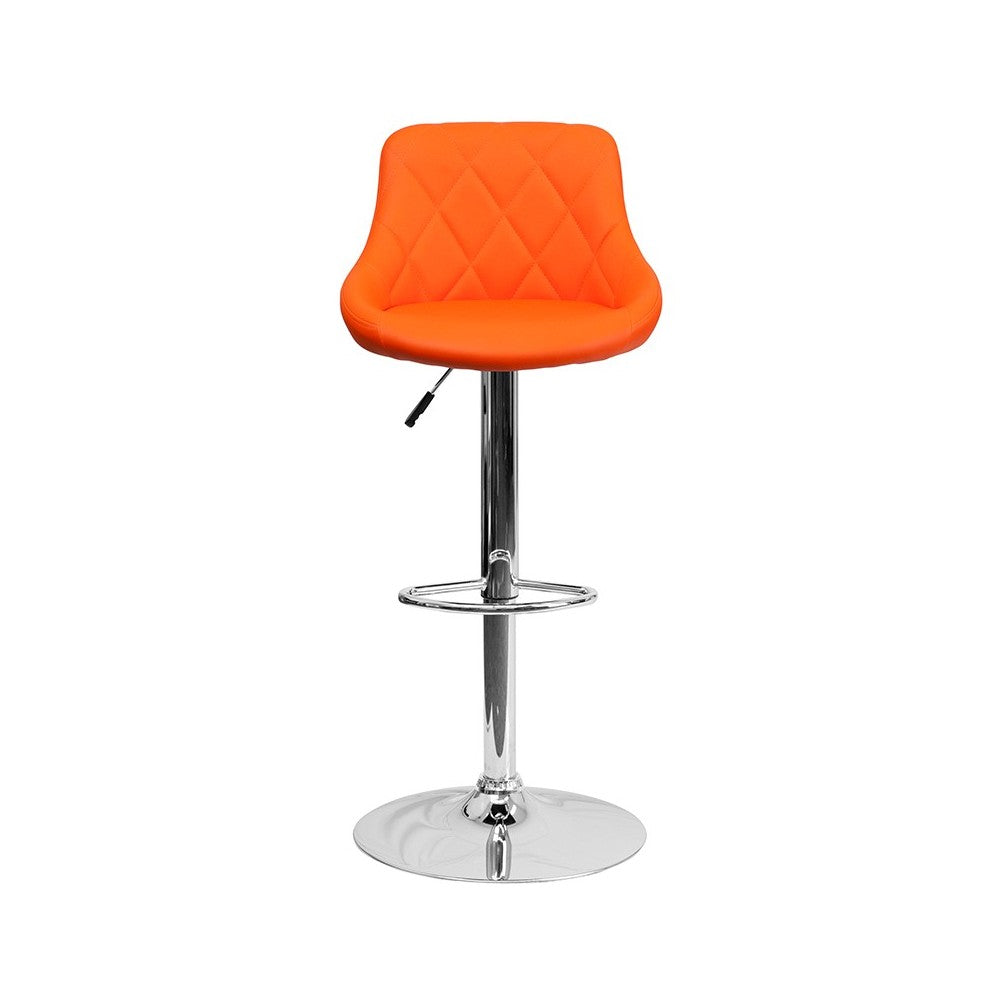 Contemporary Orange Vinyl Bucket Seat Adjustable Height Barstool with Diamond Pattern Back and Chrome Base