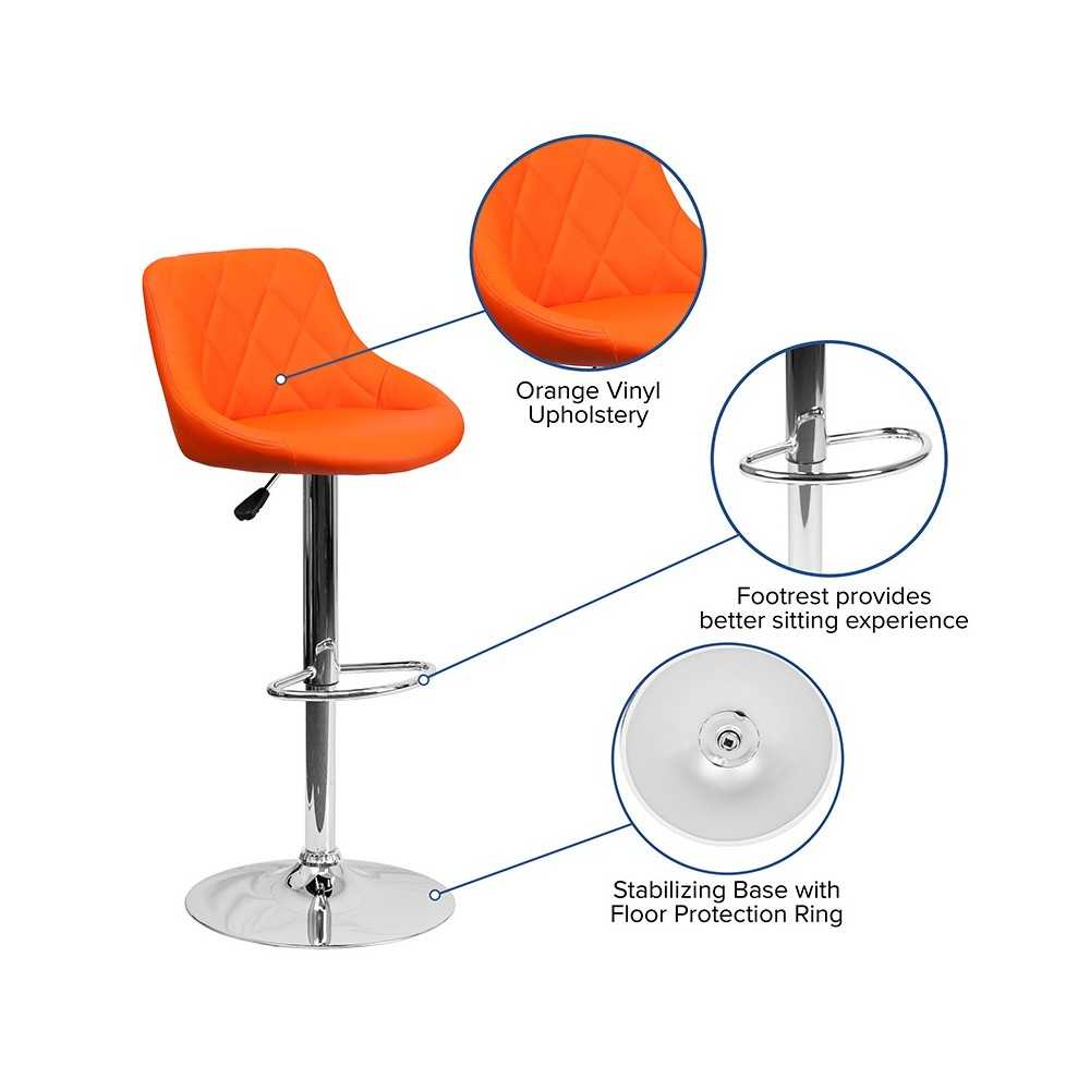 Contemporary Orange Vinyl Bucket Seat Adjustable Height Barstool with Diamond Pattern Back and Chrome Base