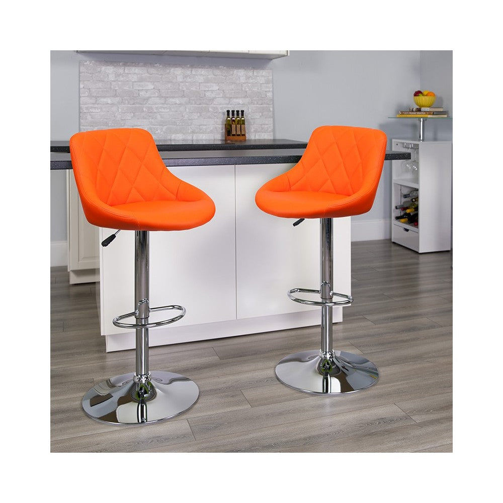 Contemporary Orange Vinyl Bucket Seat Adjustable Height Barstool with Diamond Pattern Back and Chrome Base