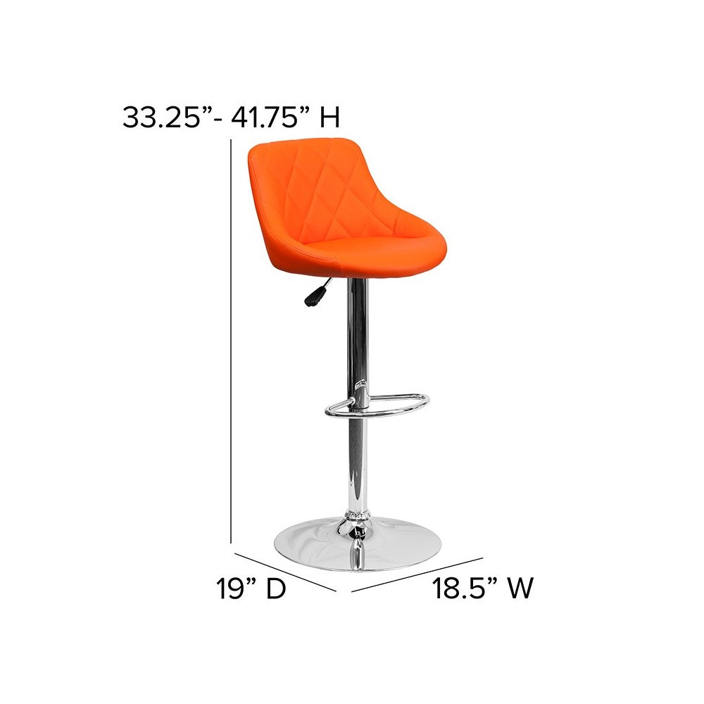 Contemporary Orange Vinyl Bucket Seat Adjustable Height Barstool with Diamond Pattern Back and Chrome Base