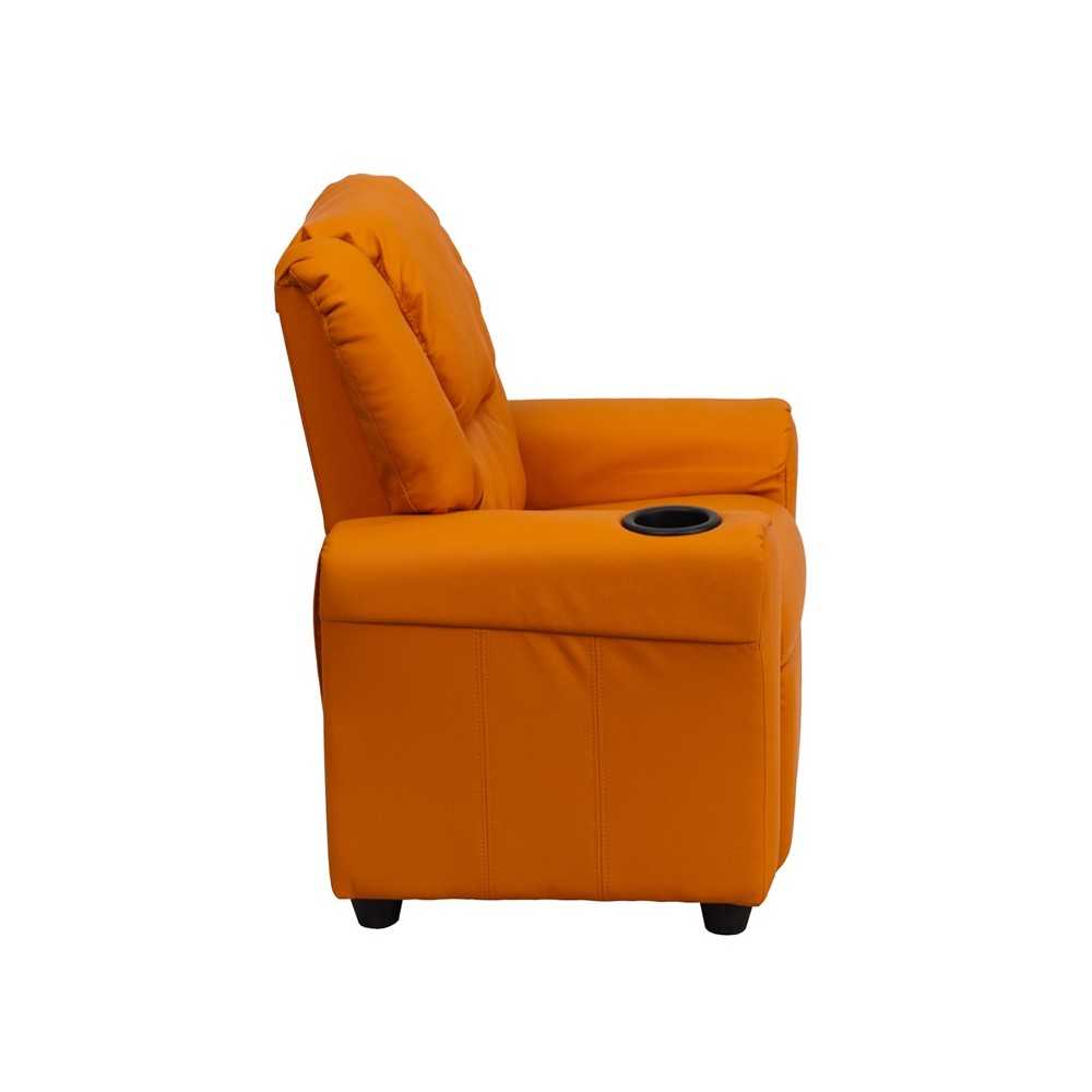 Contemporary Orange Vinyl Kids Recliner with Cup Holder and Headrest