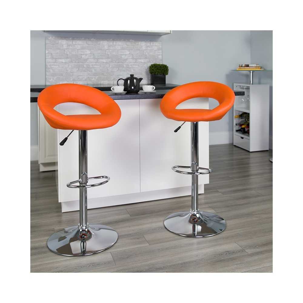 Contemporary Orange Vinyl Rounded Orbit-Style Back Adjustable Height Barstool with Chrome Base