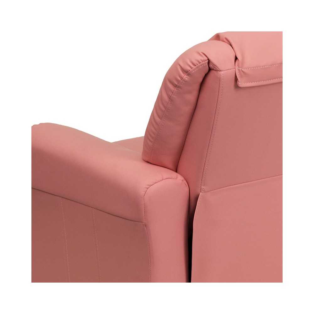 Contemporary Pink Vinyl Kids Recliner with Cup Holder and Headrest