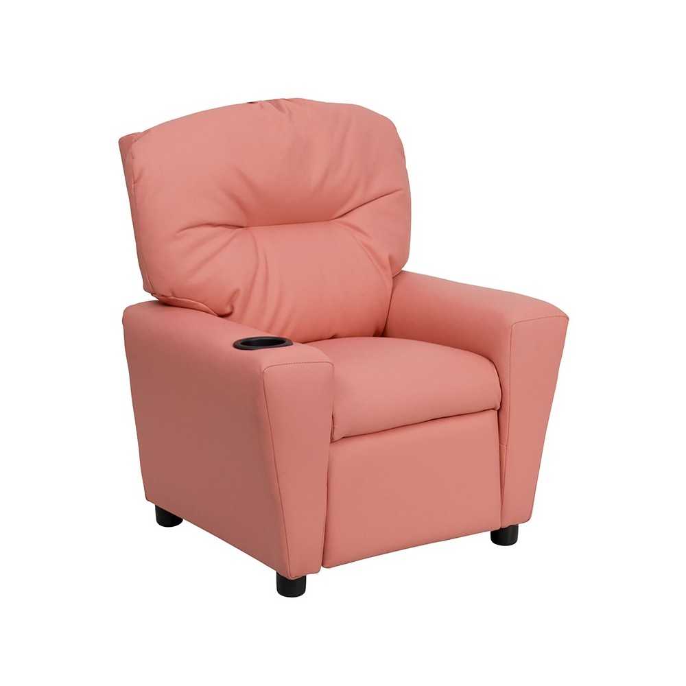 Contemporary Pink Vinyl Kids Recliner with Cup Holder