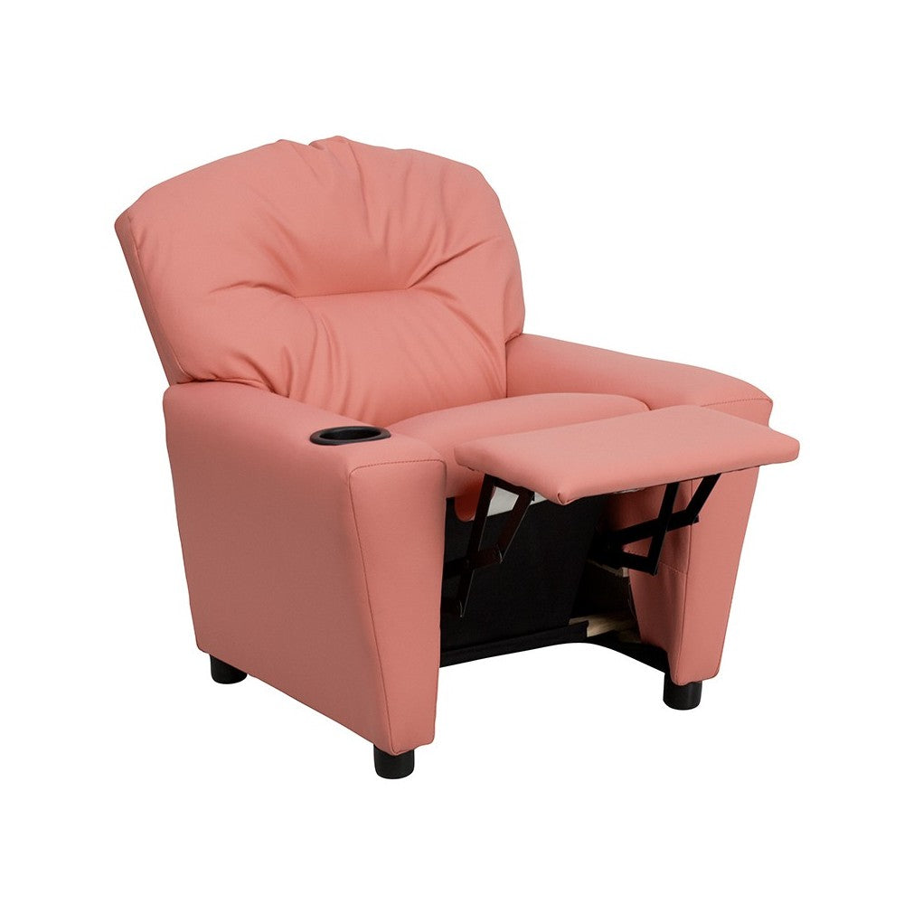 Contemporary Pink Vinyl Kids Recliner with Cup Holder