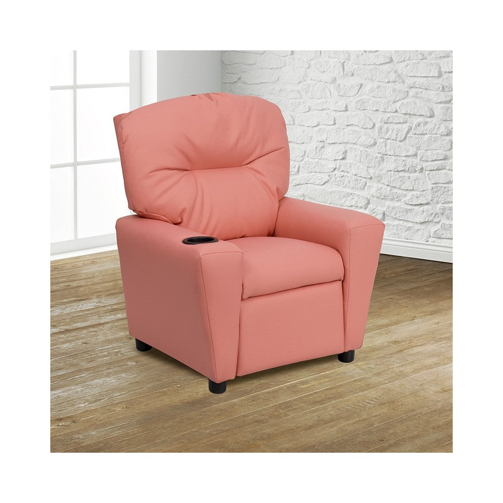 Contemporary Pink Vinyl Kids Recliner with Cup Holder