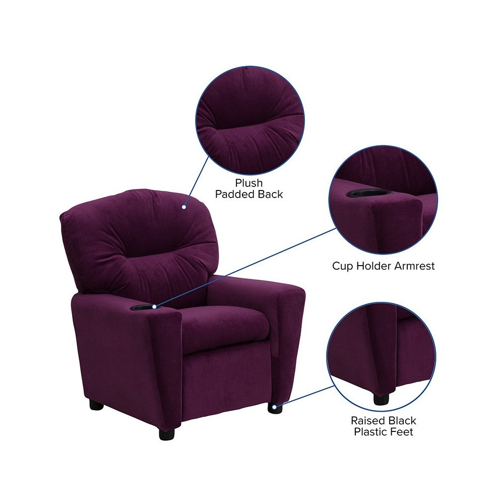 Contemporary Purple Microfiber Kids Recliner with Cup Holder