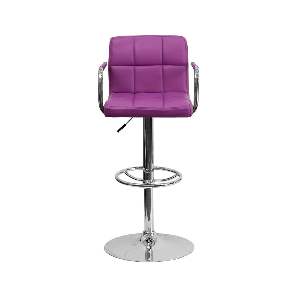 Contemporary Purple Quilted Vinyl Adjustable Height Barstool with Arms and Chrome Base