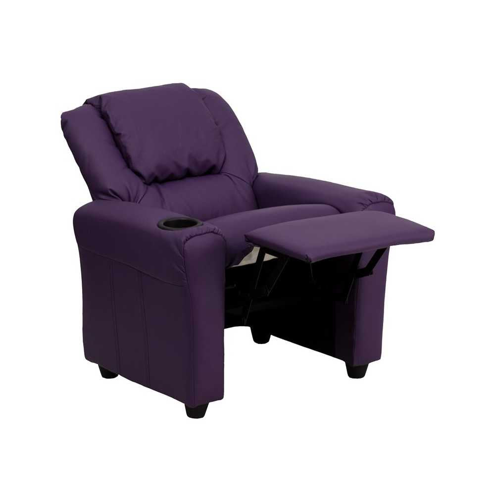 Contemporary Purple Vinyl Kids Recliner with Cup Holder and Headrest