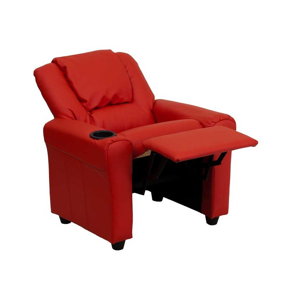 Contemporary Red Vinyl Kids Recliner with Cup Holder and Headrest