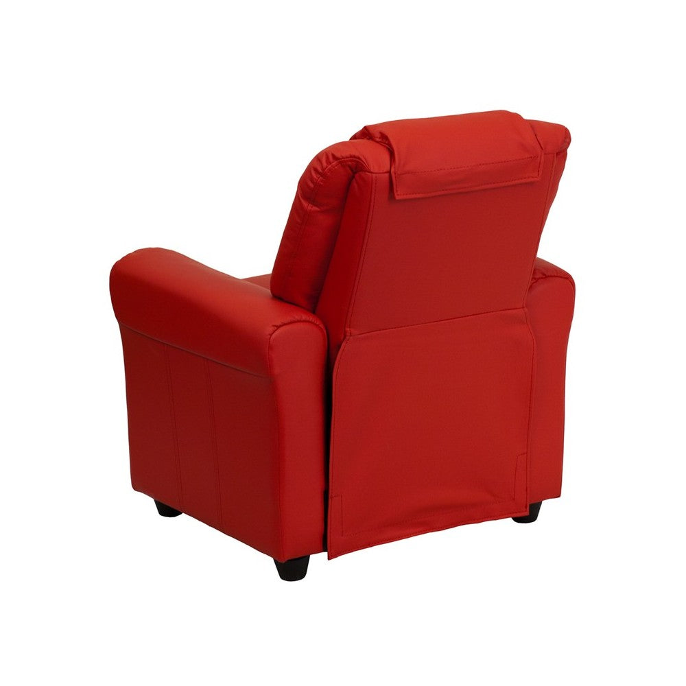 Contemporary Red Vinyl Kids Recliner with Cup Holder and Headrest