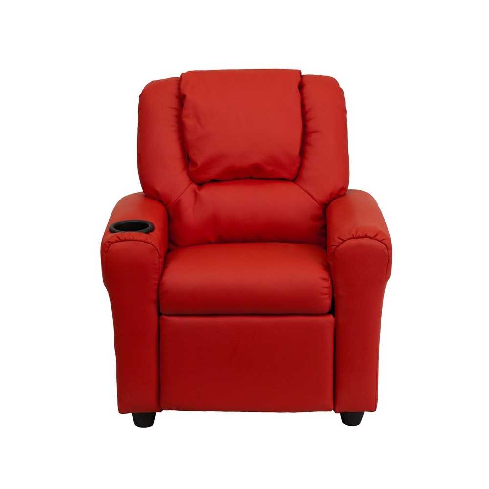Contemporary Red Vinyl Kids Recliner with Cup Holder and Headrest