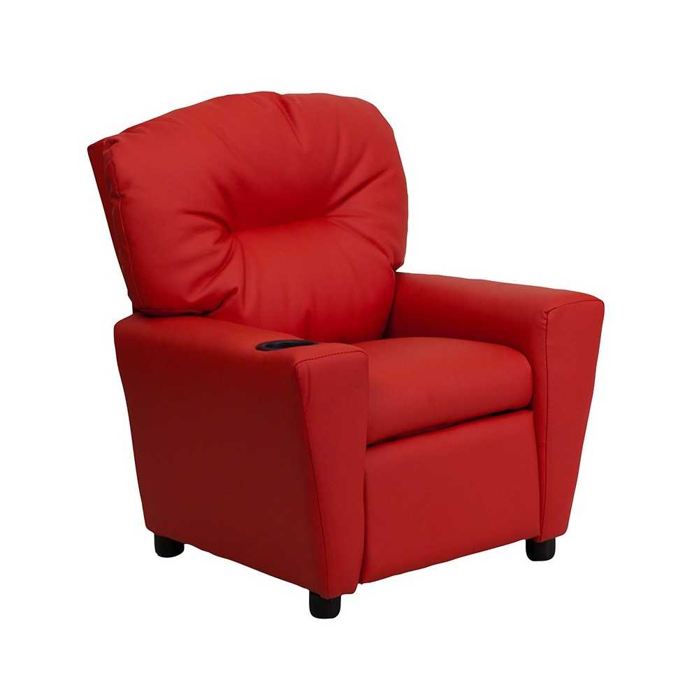 Contemporary Red Vinyl Kids Recliner with Cup Holder