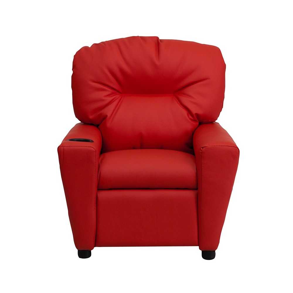 Contemporary Red Vinyl Kids Recliner with Cup Holder