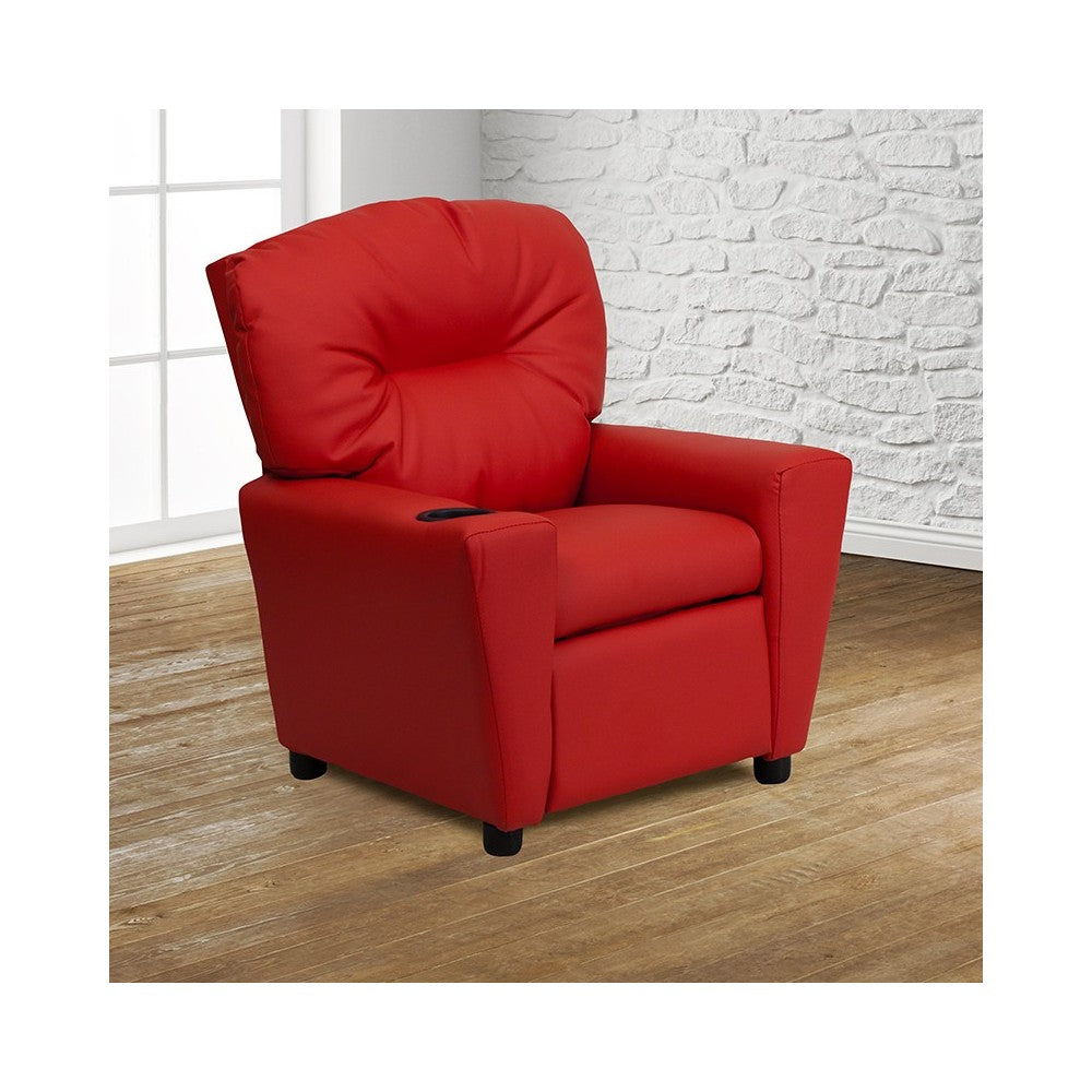 Contemporary Red Vinyl Kids Recliner with Cup Holder