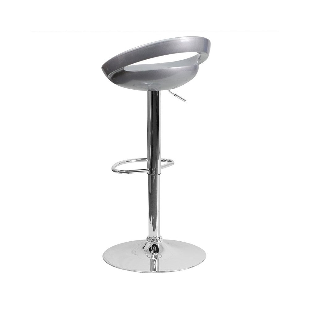 Contemporary Silver Plastic Adjustable Height Barstool with Rounded Cutout Back and Chrome Base