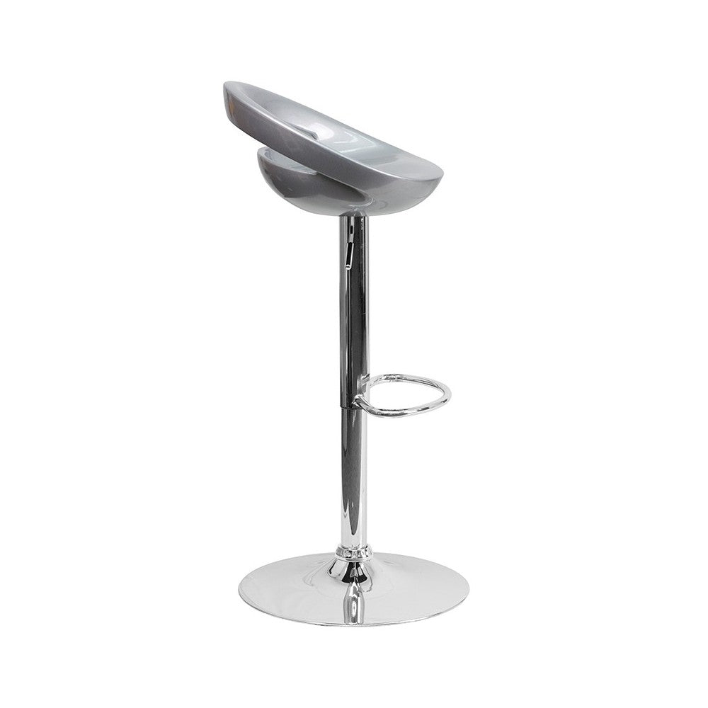 Contemporary Silver Plastic Adjustable Height Barstool with Rounded Cutout Back and Chrome Base